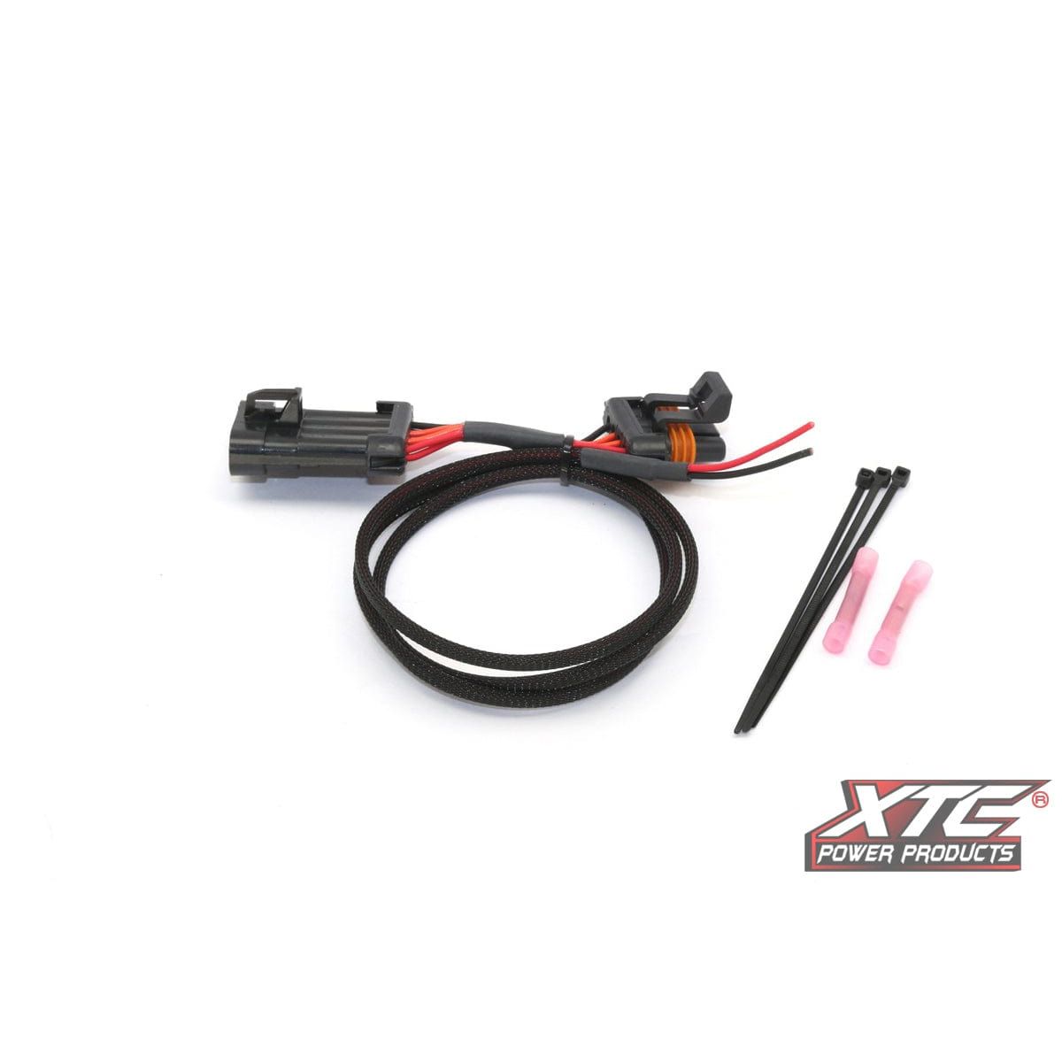 The Plug N Play Power Out License Plate Pol by XTC Power includes a black connector, red and black wires, braided sleeve, two pink heat shrink connectors, two black zip ties, and the XTC Power Products logo in the bottom right corner.