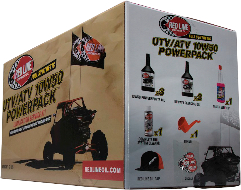 A Power Pack Polaris UTV/ATV Oil Change Kit 10W50 by Red Line, featuring an off-road vehicle and listing contents: Powersports motor oil, gearcase oil, WaterWetter, fuel system cleaner, funnel, and oil cap.