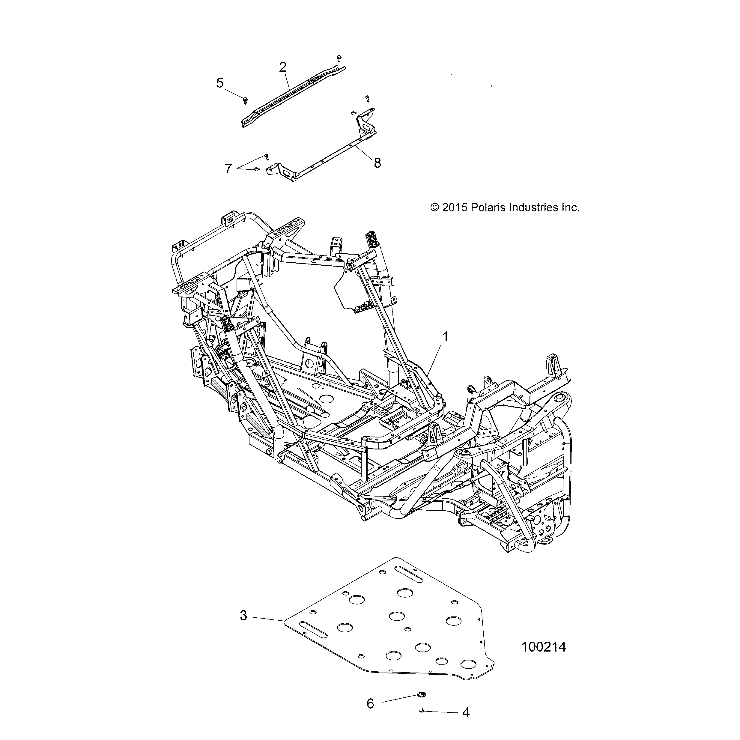 An Image of a Genuine Polaris Parts Schematic Diagram showing the schematic - CHASSIS: MAIN FRAME AND SKID PLATE - 2016 POLARIS ACE 900 EFI EPS