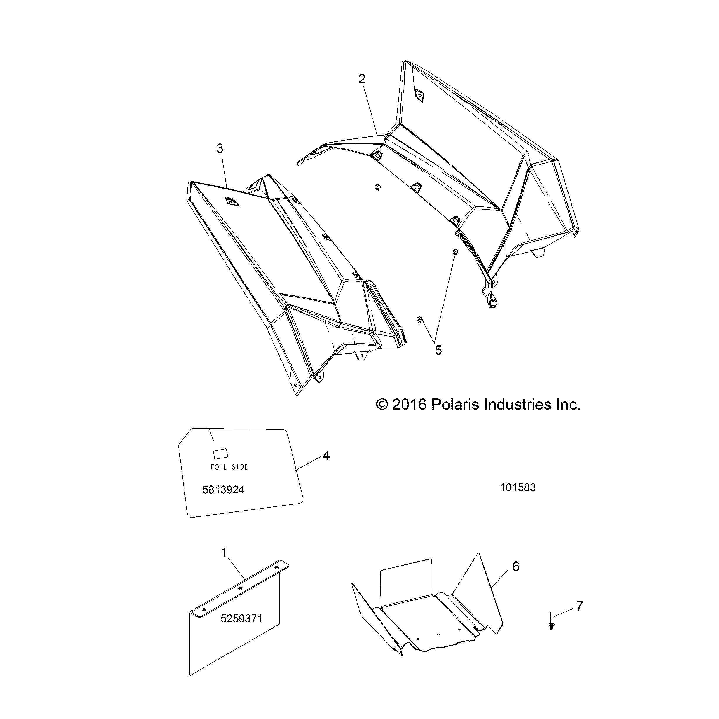An Image of a Genuine Polaris Parts Schematic Diagram showing the schematic - BODY: REAR CAB AND HEAT SHIELDS - 2018 POLARIS SCRAMBLER XP 1000