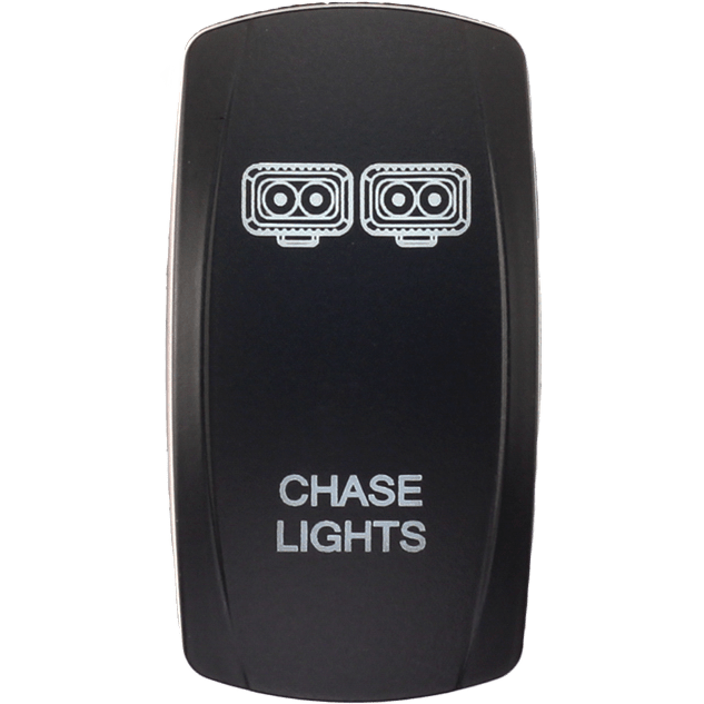 The Dash Switch Rocker Face Chase Lights by XTC Power is a black rocker switch featuring two illustrated lights at the top and CHASE LIGHTS printed in white below.