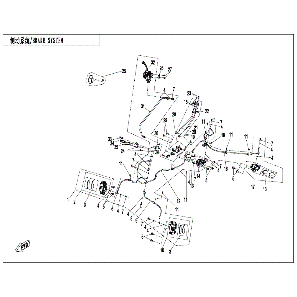 An Image of a genuine CFMOTO Parts Schematic Diagram showing the group - BRAKE SYSTEM (NO PARKING SYSTEM) - 2022 CFMOTO CFORCE 800 XC