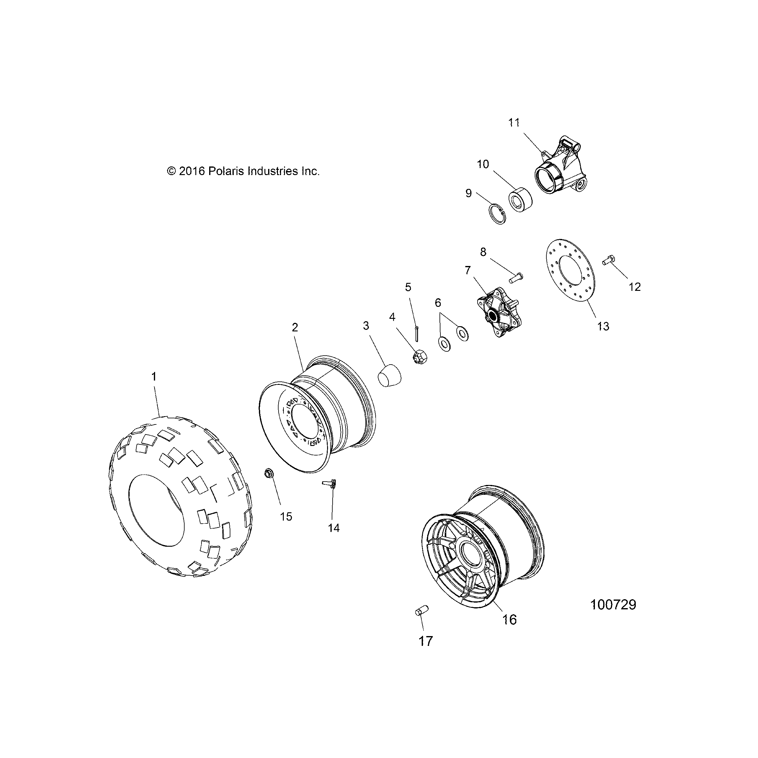 An Image of a Genuine Polaris Parts Schematic Diagram showing the schematic - WHEELS: REAR TIRE and BRAKE DISC - 2016 POLARIS SPORTSMAN 570 EFI