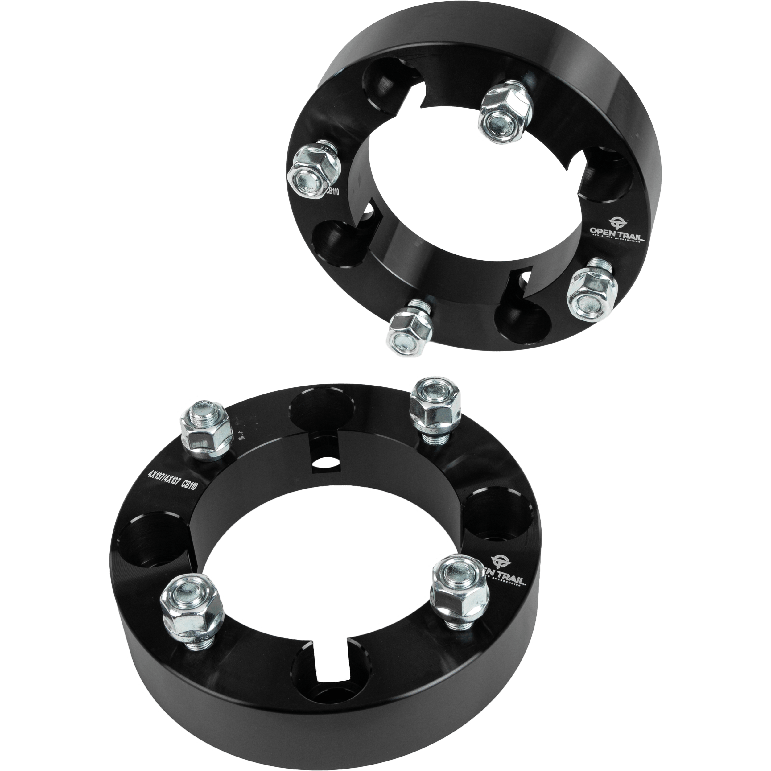 Two black Wheel Spacer 1.5 4/137 Stud: 12Mm X 1.25Mm by Open Trail, each made of durable aluminum alloy with four silver bolts, are shown on a white background. Circular with central holes and side notches, ideal for improved traction.
