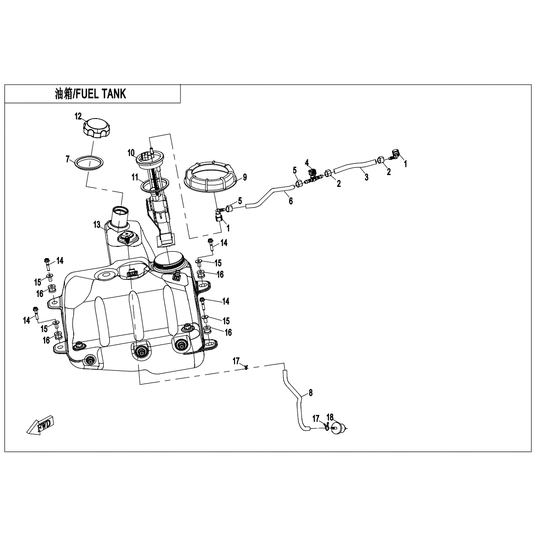 An Image of a genuine CFMOTO Parts Schematic Diagram showing the group - FUEL TANK (NA) - 2020 CFMOTO CFORCE 800 XC