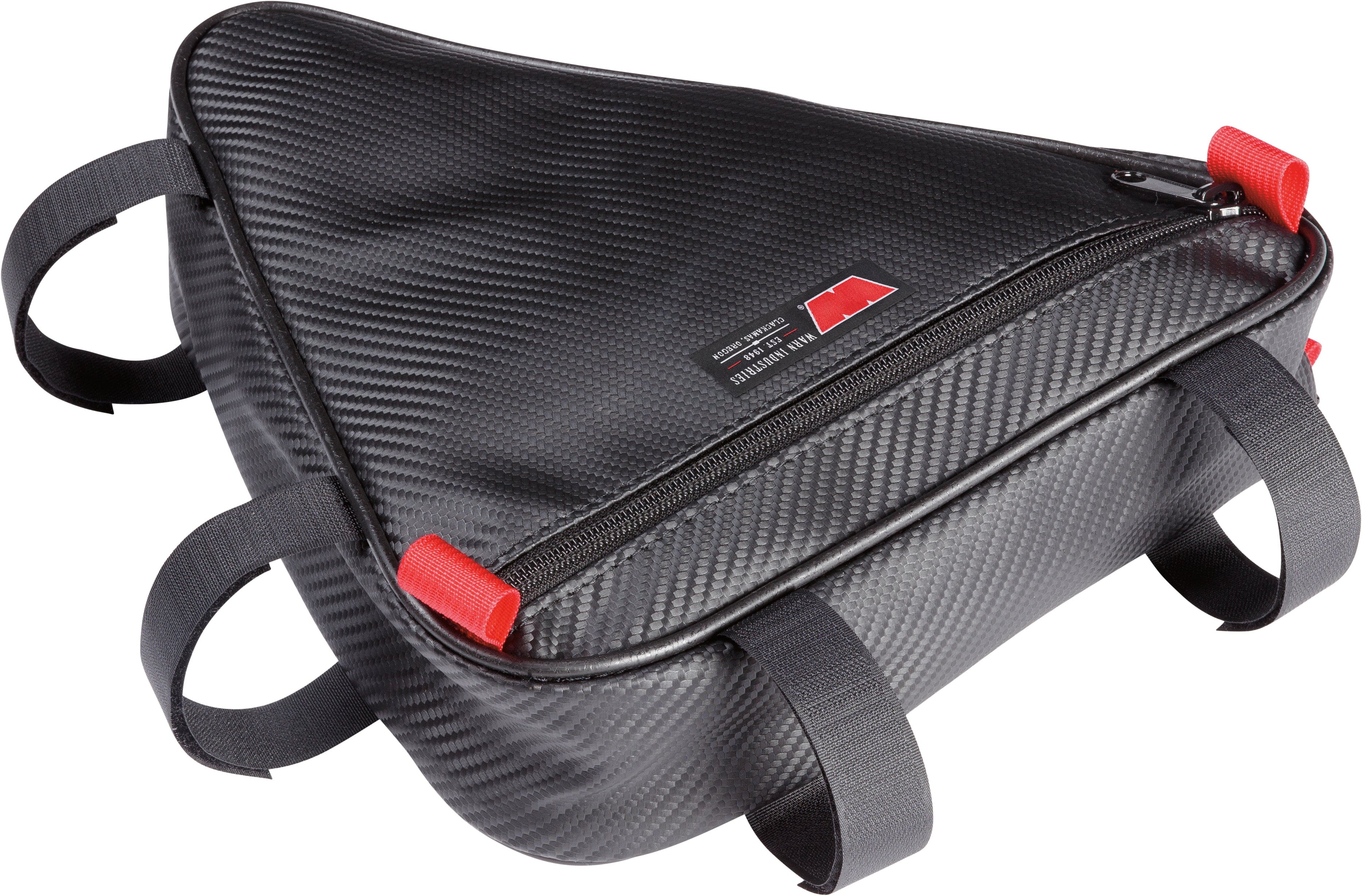 The Roll Bar Triangle Bag by Warn is a black, textured bike frame bag with a triangular shape, top zipper closure, red pull tabs, and four black straps for easy attachment to your bicycle frame.