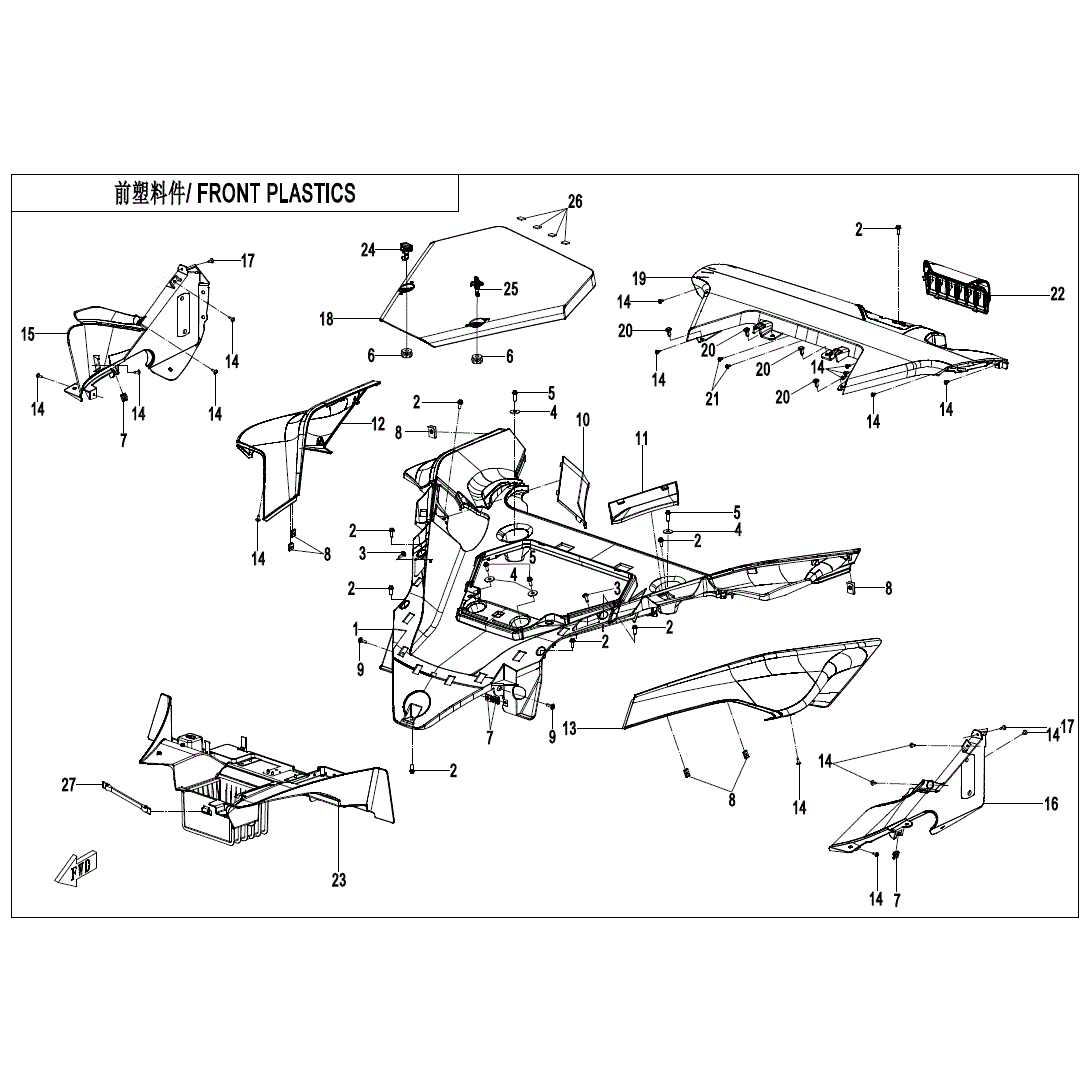 An Image of a Genuine CFMOTO Parts Schematic Diagram showing the schematic - FRONT PLASTICS(2) - 2022 CFMOTO ZFORCE 950 EX