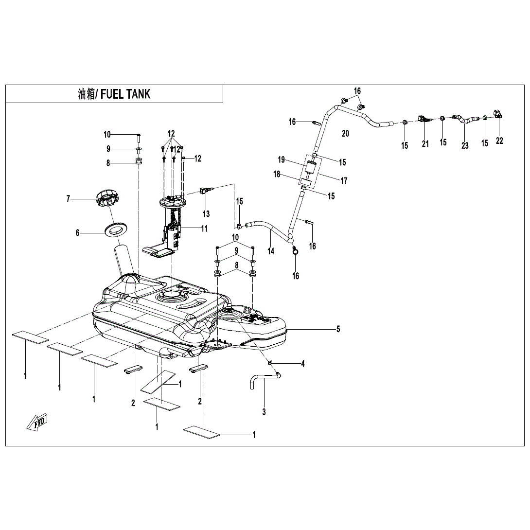 An Image of a Genuine CFMOTO Parts Schematic Diagram showing the schematic - FUEL TANK - 2023 CFMOTO ZFORCE 950 HO Sport