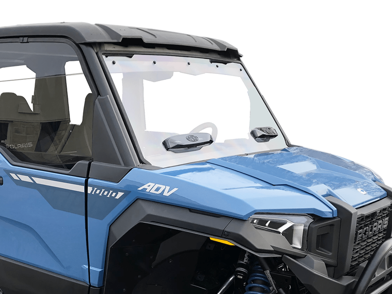 A blue off-road utility vehicle features the Polaris Xpedition Hard Coated with ComfortFlow Vents Front Full Windshield by Spike, black trim, and visible front suspension, shown from the front left against a white background.