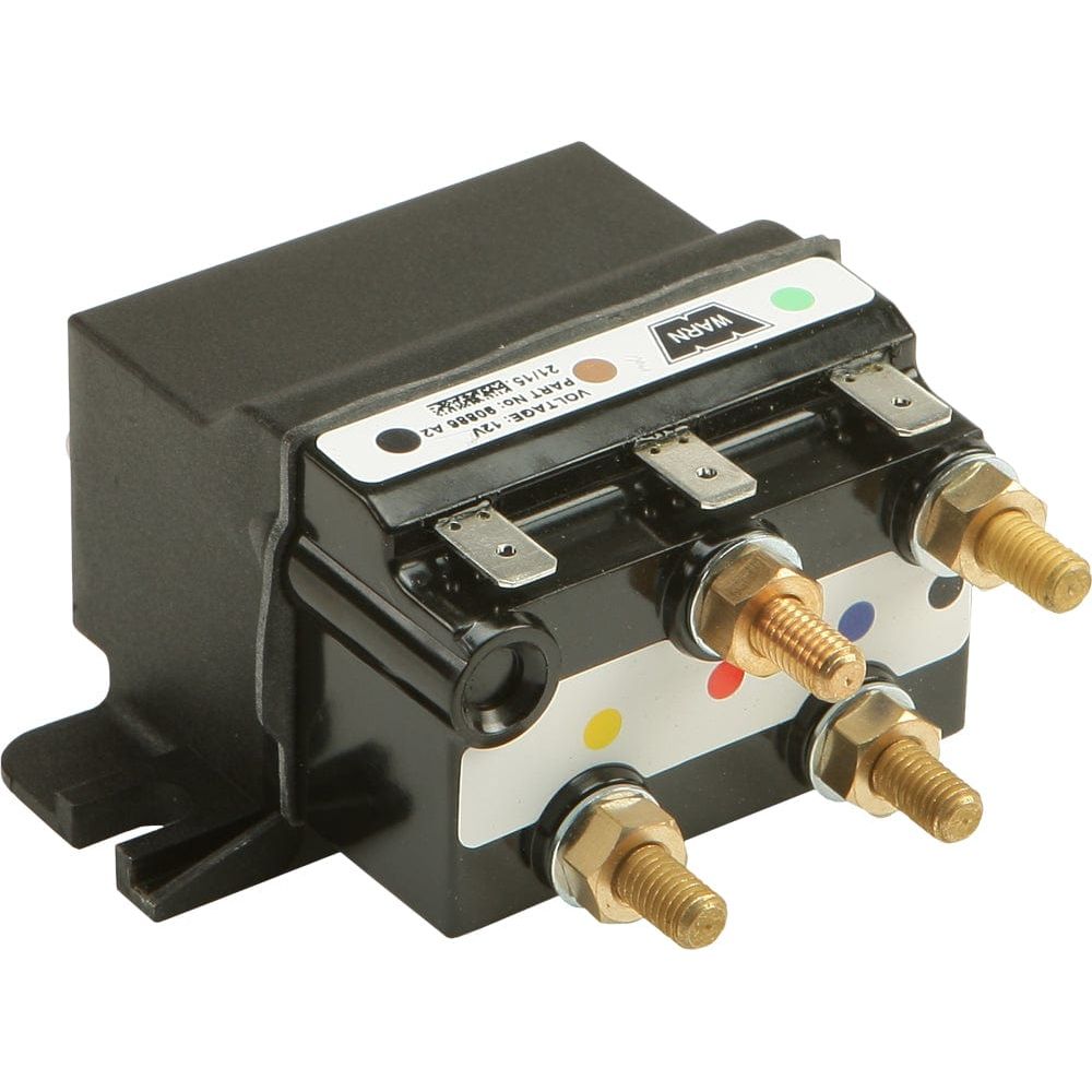 The Vantage 4000 Winch Replacement Contactor by Warn is a black electrical relay with three brass terminals labeled with yellow, blue, and red dots, a side mounting bracket, and a white information label on top.