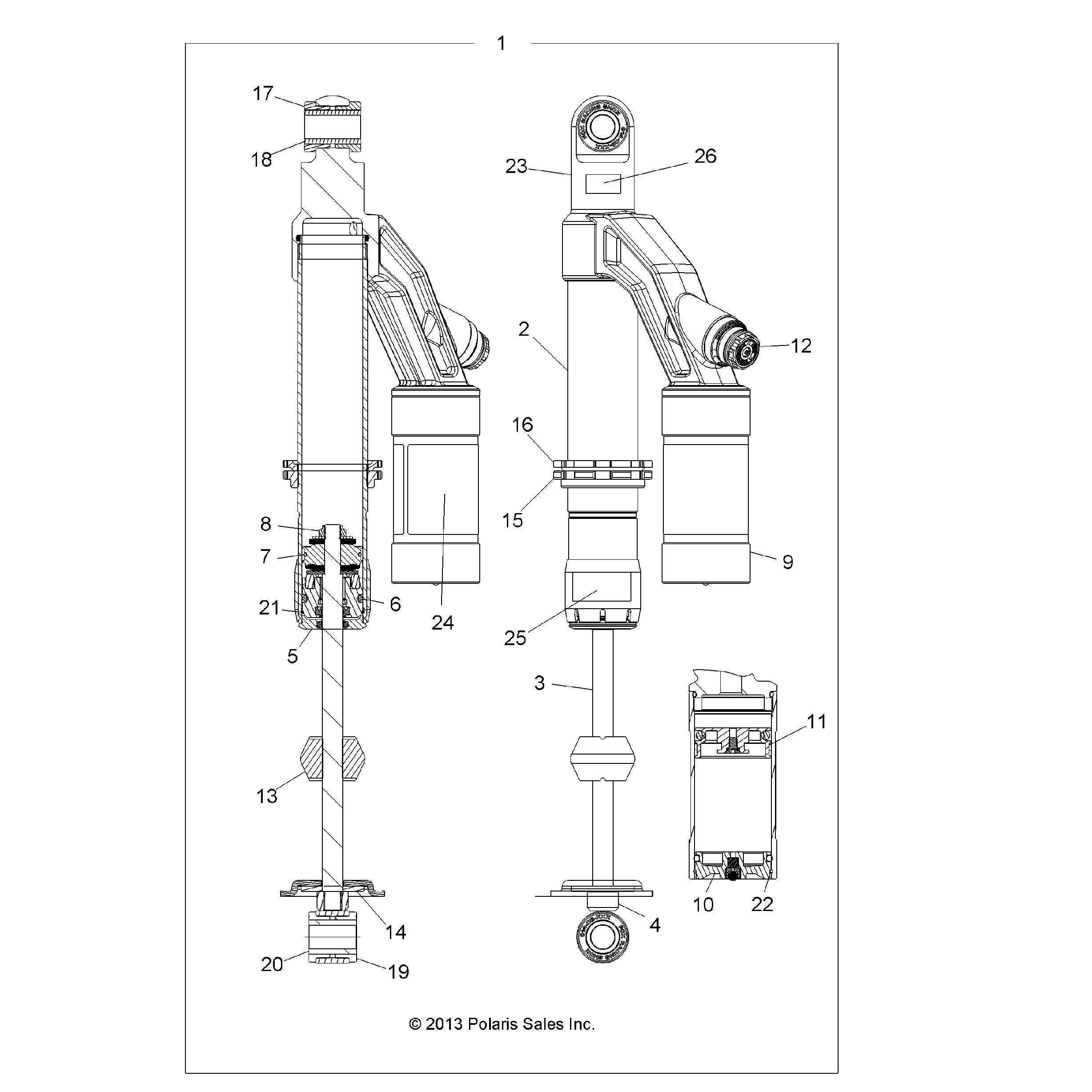 An Image of a Genuine Polaris Parts Schematic Diagram showing the schematic - SUSPENSION: SHOCK REAR - 2015 POLARIS SPORTSMAN TOURING 1000