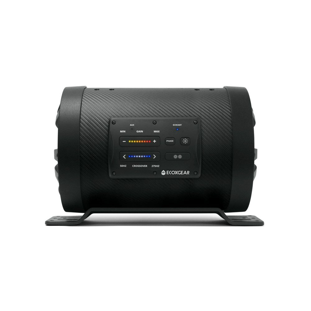 The 8 Subwoofer Sound Xtreme by EcoXGear is a black cylindrical speaker with front control panel, buttons, and indicator lights. It features a waterproof amplifier and is shown standing on a flat base against a white background.
