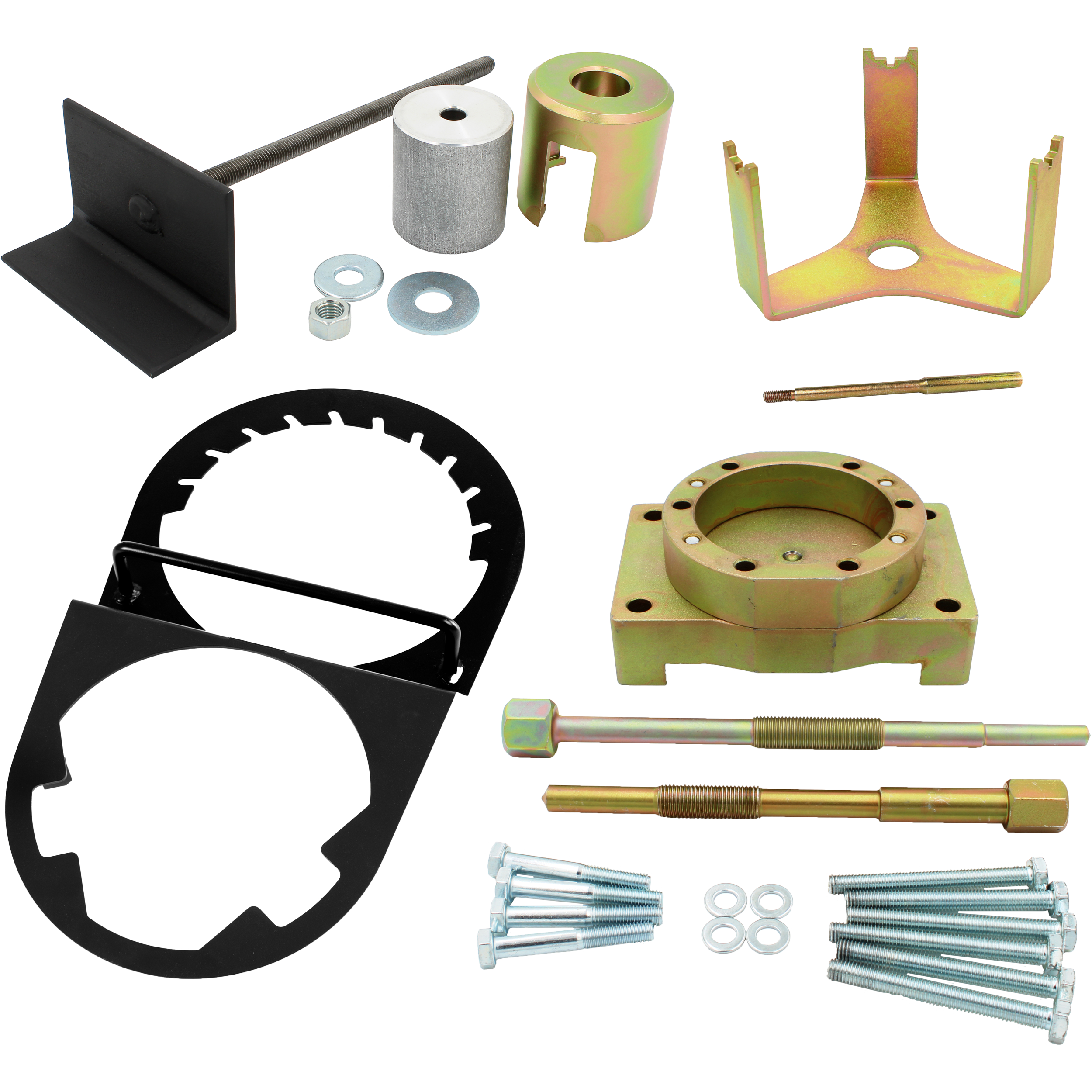 The Master Clutch Service Kit by EPI includes metal brackets, bolts, washers, specialized wrenches, and parts for pDrive primary or QRS-X secondary clutch maintenance, all arranged on a white background.
