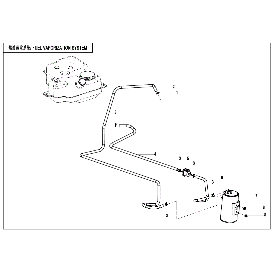 An Image of a Genuine CFMOTO Parts Schematic Diagram showing the schematic - FUEL EVAPORATION SYSTEM - 2020 CFMOTO ZFORCE 800 Trail