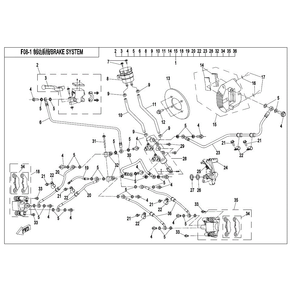 An Image of a genuine CFMOTO Parts Schematic Diagram showing the group - BRAKE SYSTEM - 2017 CFMOTO CFORCE 500 S