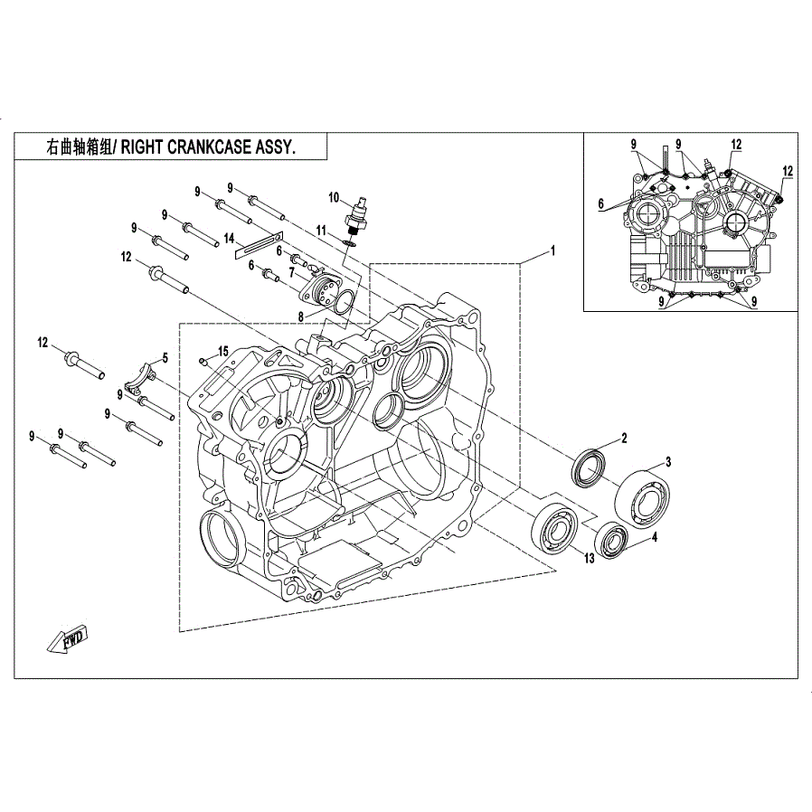 An Image of a genuine CFMOTO Parts Schematic Diagram showing the group - RIGHT CRANKCASE ASSY - 2019 CFMOTO CFORCE 400