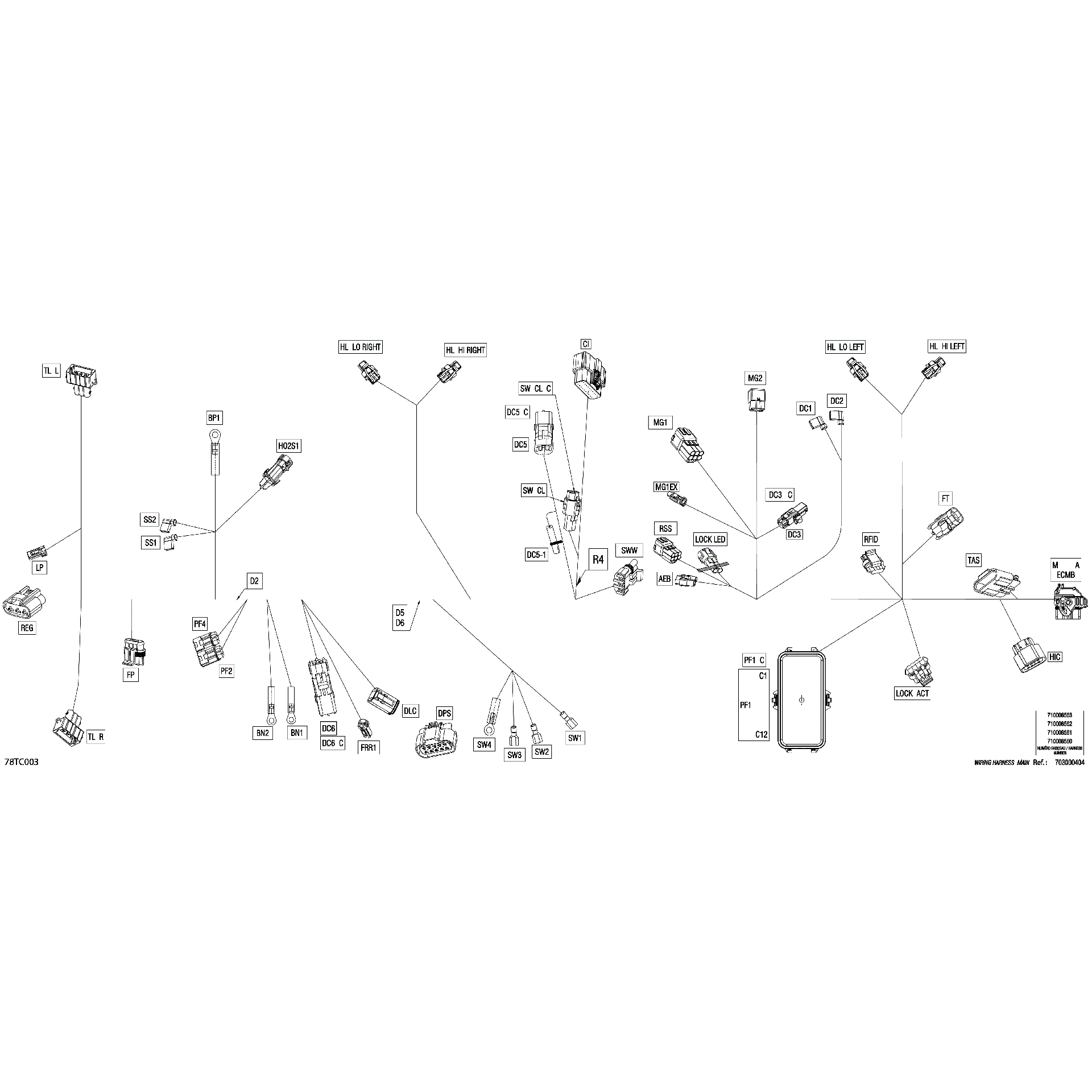 An Image of a Genuine Can-Am Parts Schematic Diagram showing the schematic - ELECTRIC - MAIN HARNESS - 710008562