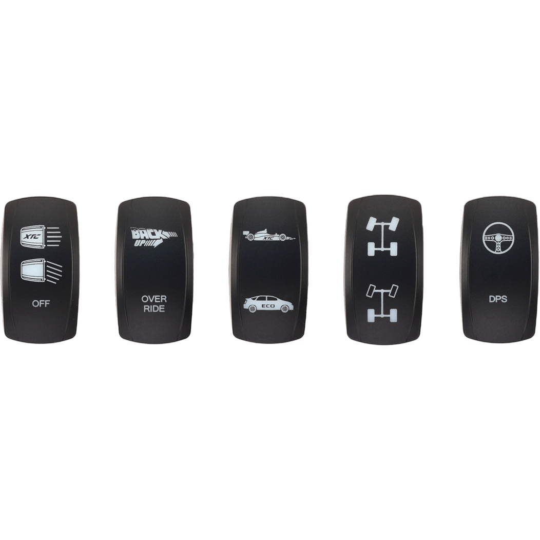 The Dash Switch Rocker Faces 5/Pk X3 Replacement by XTC Power includes five black switches with white icons: OFF, OVERRIDE, ECO mode car, differential lock symbol, and DPS (dynamic power steering) symbol.