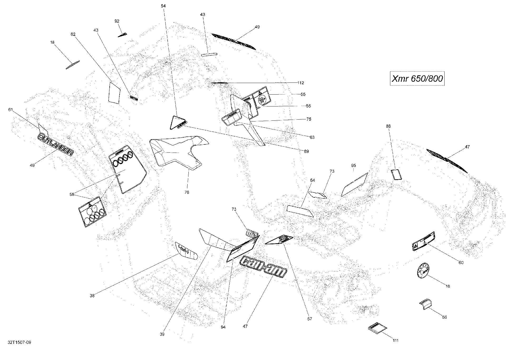 An Image of a Genuine Can-Am Parts Schematic Diagram showing the schematic - DECALS _32T1509