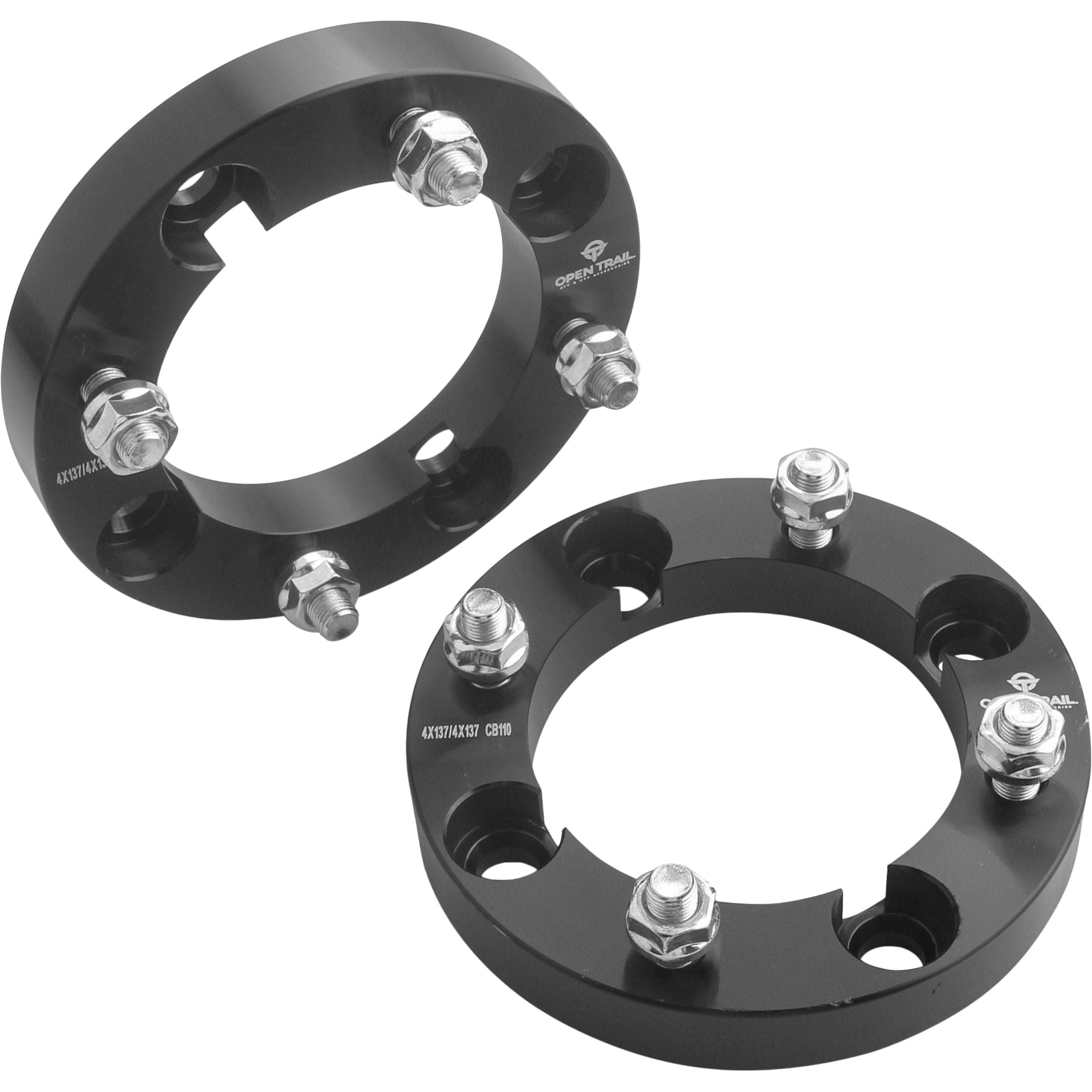 Two black circular Wheel Spacer 1 4/137 Stud: 12Mm X 1.25Mm by Open Trail, designed for automotive use and wider tires, are shown on a white background—one upright and one flat.