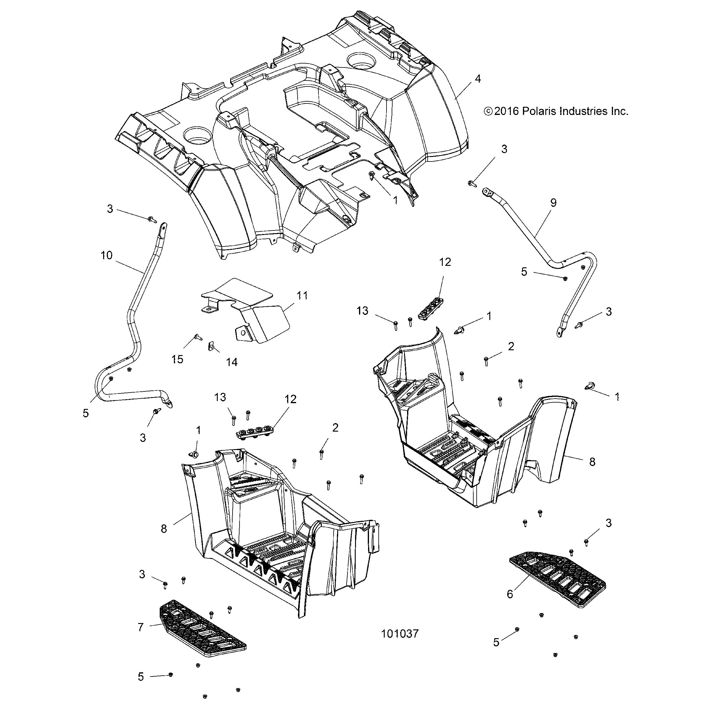 An Image of a Genuine Polaris Parts Schematic Diagram showing the schematic - BODY: REAR CAB and FOOTWELL - 2021 POLARIS SPORTSMAN TOURING XP 1000 48"