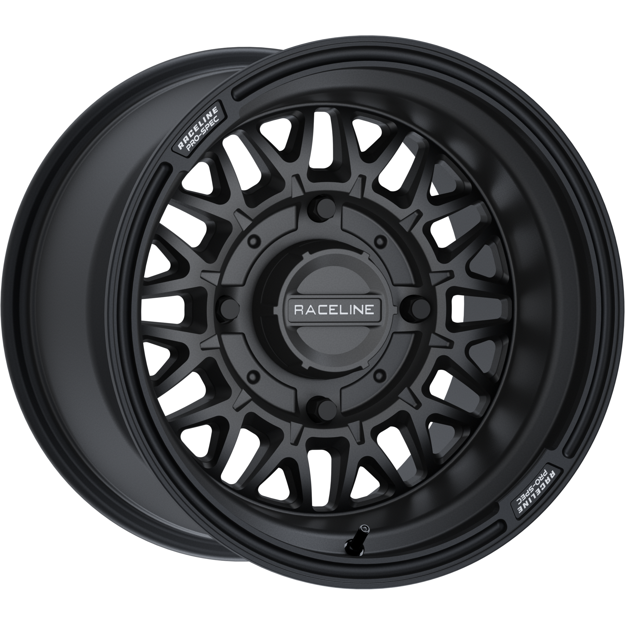 Two Raceline Omega 15X10 4/137 5+5 (0mm) Satin Black ATV/UTV wheels are stacked, displaying their multi-spoke design and visible Raceline branding on both the center cap and rim.