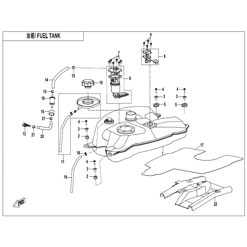 An Image of a genuine CFMOTO Parts Schematic Diagram showing the group - FUEL TANK - 2022 CFMOTO CFORCE 500 S