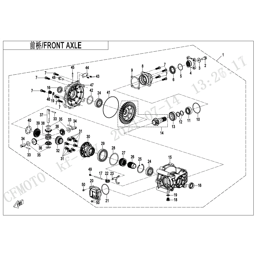 An Image of a Genuine CFMOTO Parts Schematic Diagram showing the schematic - FRONT AXLE - 2024 CFMOTO ZFORCE 950 HO EX