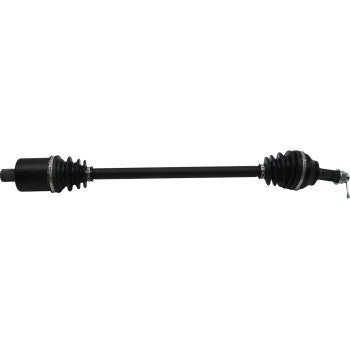 The Polaris RZR Axle Kit Complete 8 Ball Extreme Duty Rear Left & Right by All Balls is a black aftermarket drive shaft with rubber boots and precision ball bearings, built for durability and smooth torque transmission in vehicles.