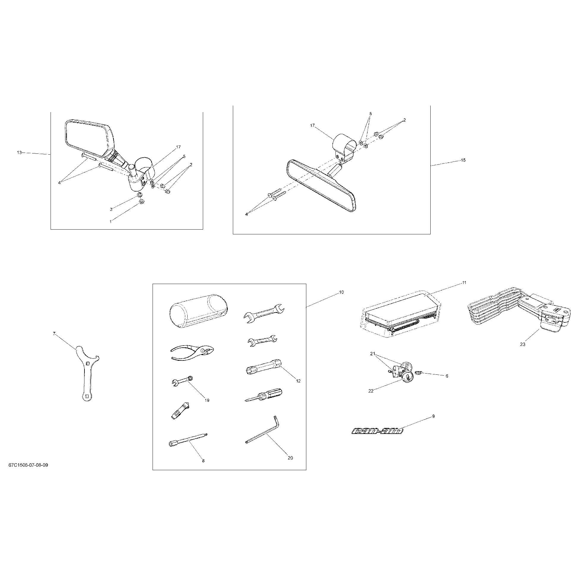 An Image of a Genuine Can-Am Parts Schematic Diagram showing the schematic - MIRRORS AND TOOLS _67C1508