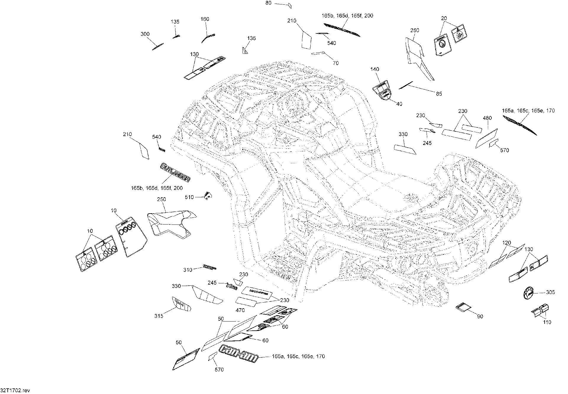 An Image of a Genuine Can-Am Parts Schematic Diagram showing the schematic - DECALS - ALL MODELS