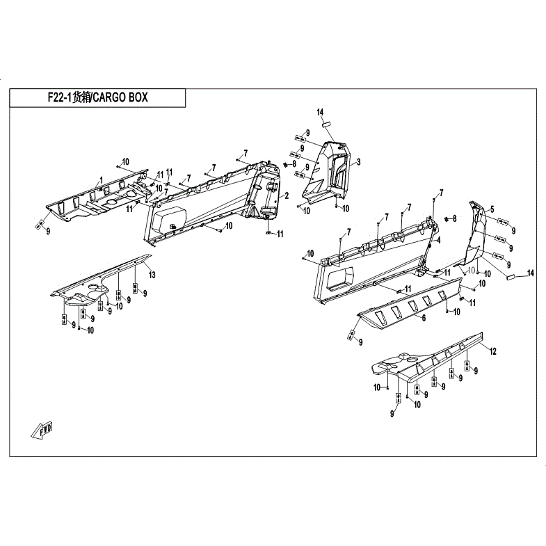 An Image of a Genuine CFMOTO Parts Schematic Diagram showing the schematic - CARGO BOX - 2018 CFMOTO UFORCE 500