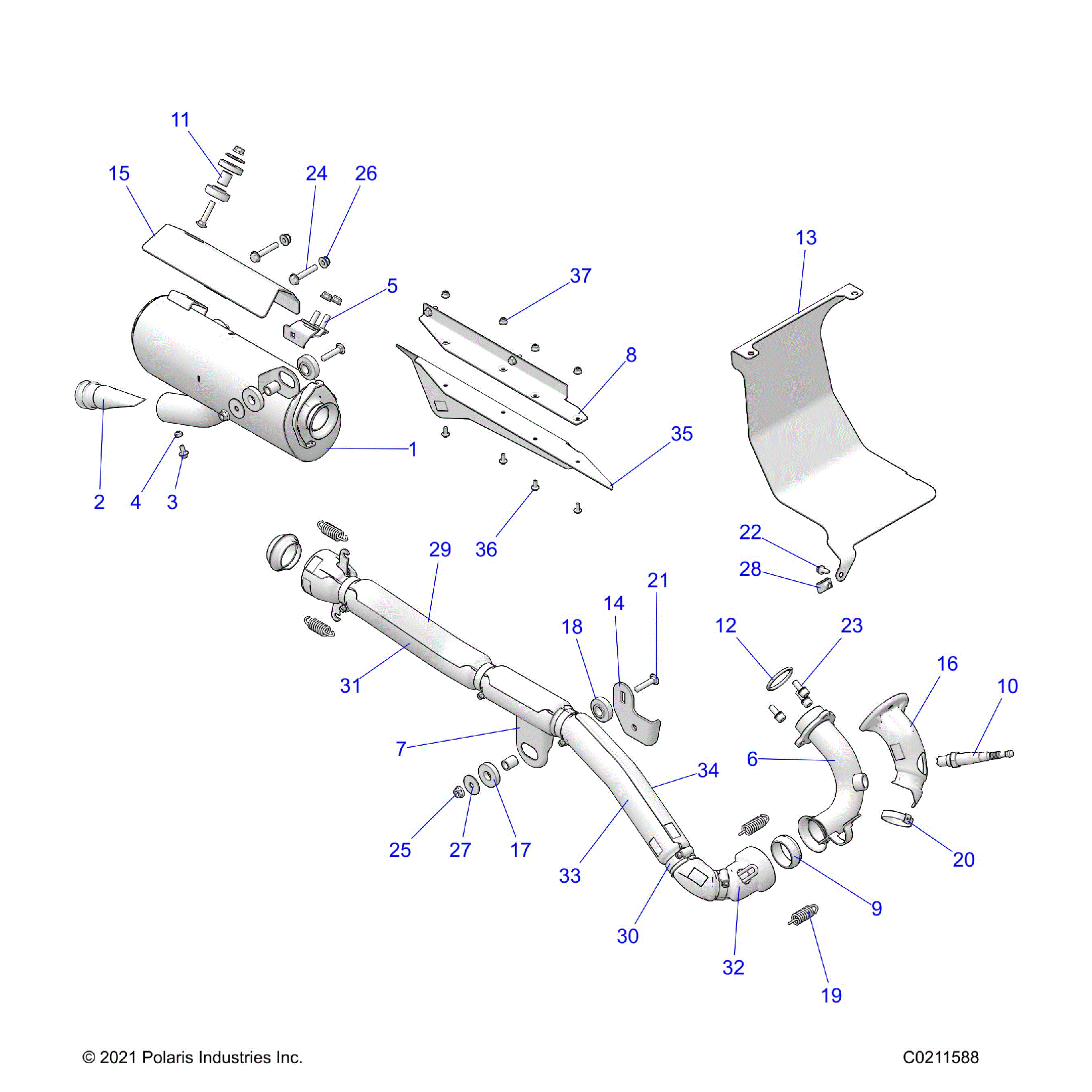 An Image of a Genuine Polaris Parts Schematic Diagram showing the schematic - ENGINE: EXHAUST - 2022 POLARIS SPORTSMAN TOURING 570 EPS