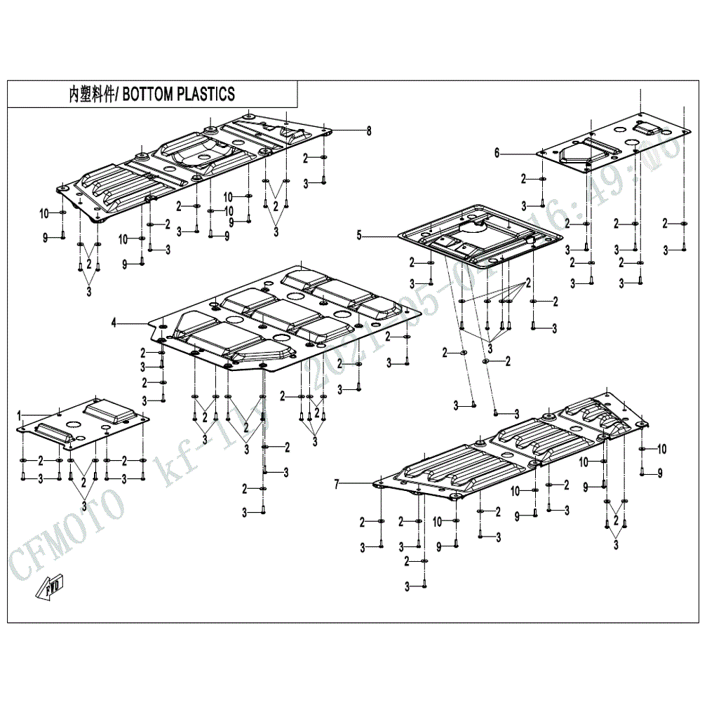 An Image of a Genuine CFMOTO Parts Schematic Diagram showing the schematic - BOTTOM PLASTICS - 2021 CFMOTO UFORCE 600