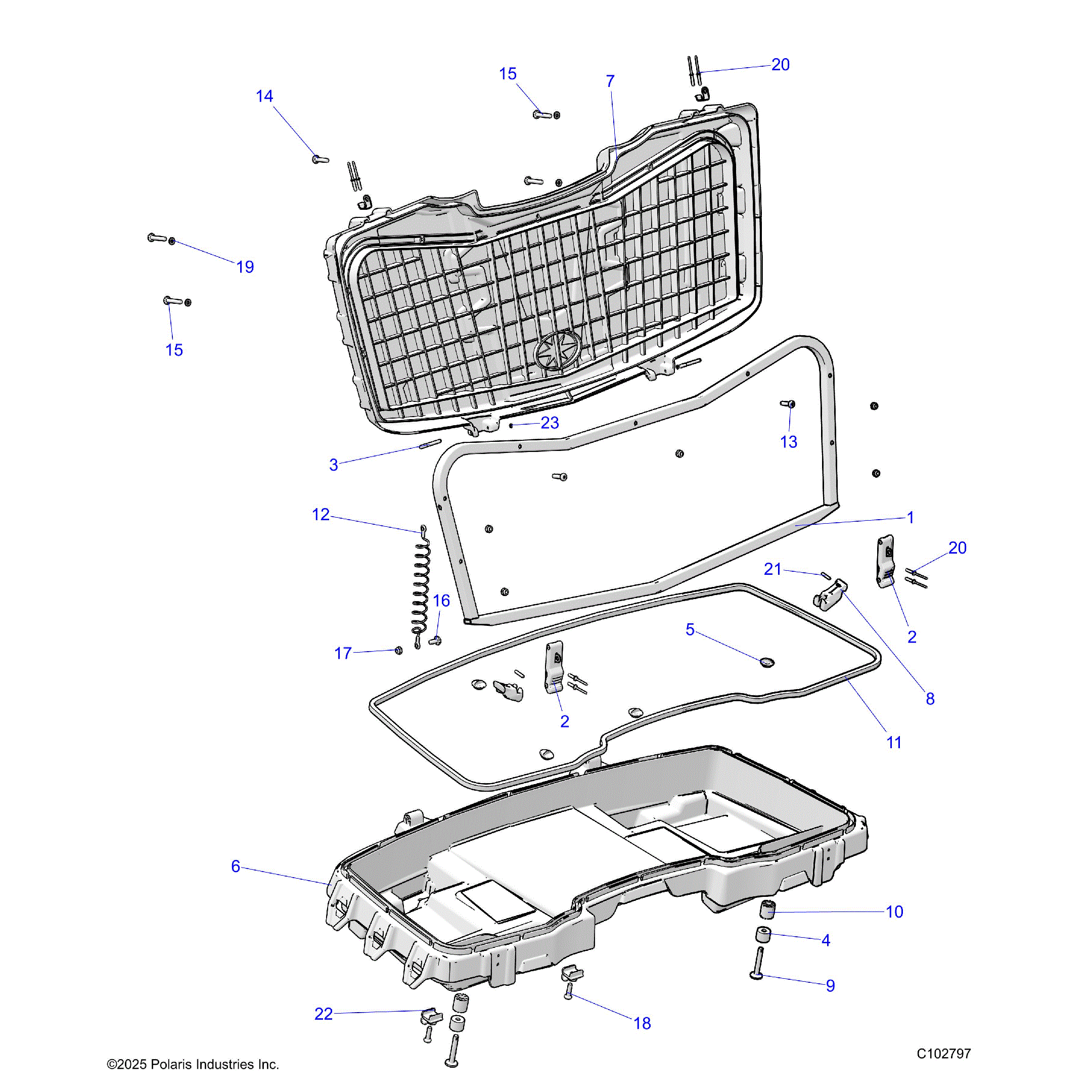 An Image of a Genuine Polaris Parts Schematic Diagram showing the schematic - BODY: FRONT CARGO BOX - 2026 POLARIS SPORTSMAN TOURING XP 1000