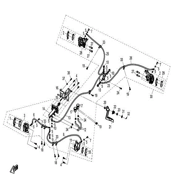 An Image of a Genuine CFMOTO Parts Schematic Diagram showing the schematic - BRAKE SYSTEM - 2015 CFMOTO ZFORCE 600