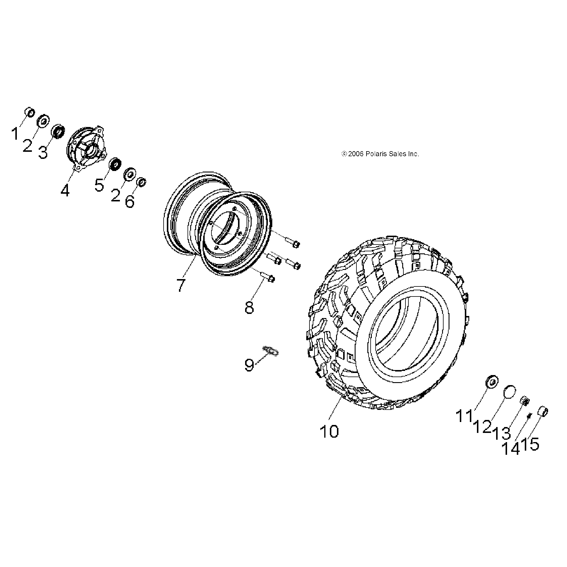 An Image of a Genuine Polaris Parts Schematic Diagram showing the schematic - WHEELS: FRONT - 2021 POLARIS SPORTSMAN 110
