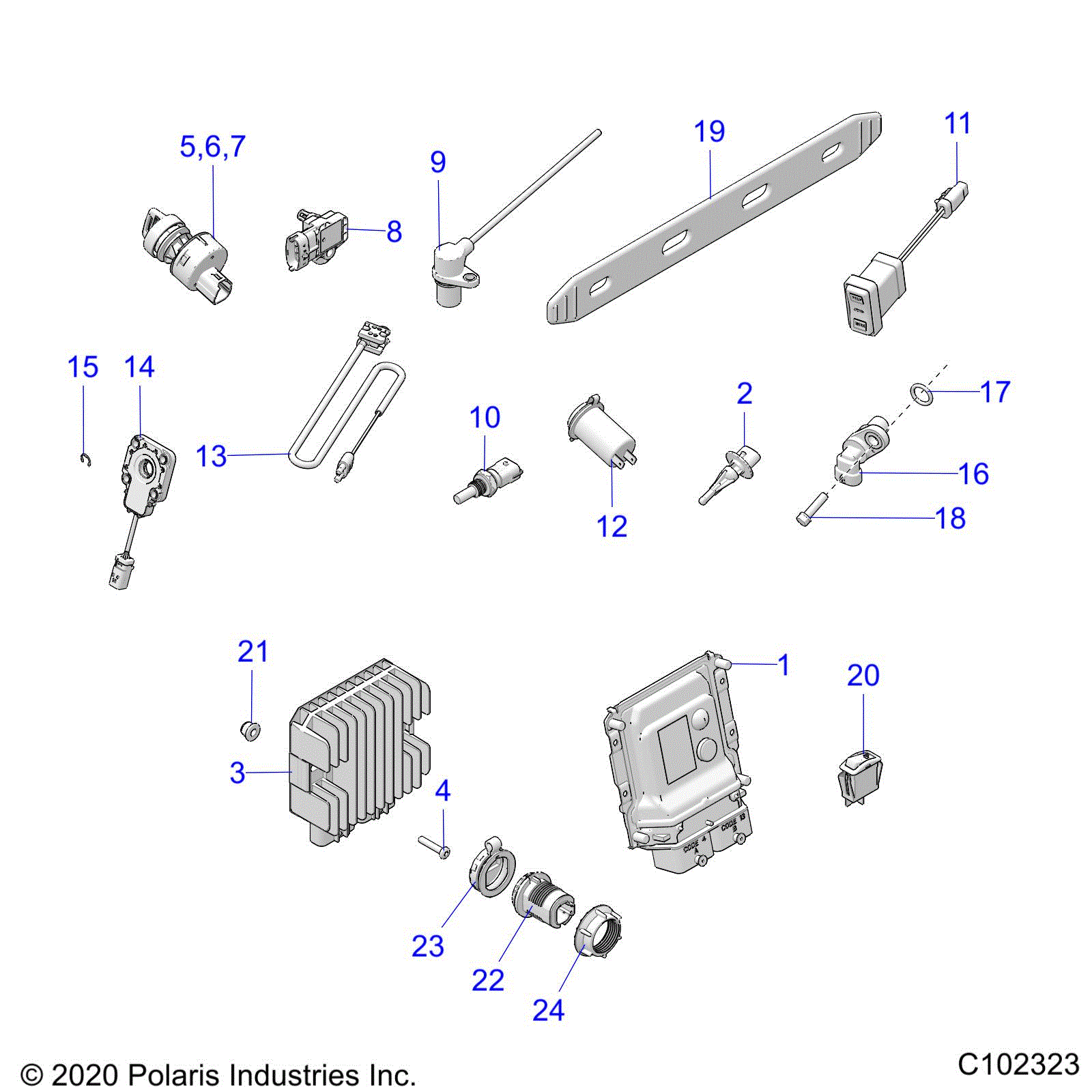 An Image of a Genuine Polaris Parts Schematic Diagram showing the schematic - ELECTRICAL: SWITCHES SENSORS ECU and CONTROL MODULES - 2024 POLARIS SPORTSMAN XP 1000 HUNTER EDITION