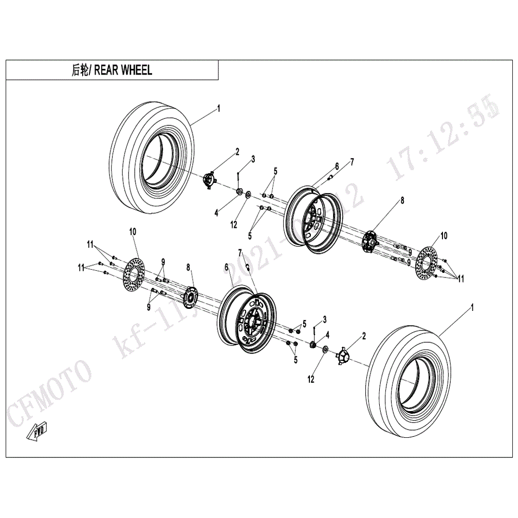 An Image of a Genuine CFMOTO Parts Schematic Diagram showing the schematic - REAR WHEEL - 2021 CFMOTO UFORCE 600