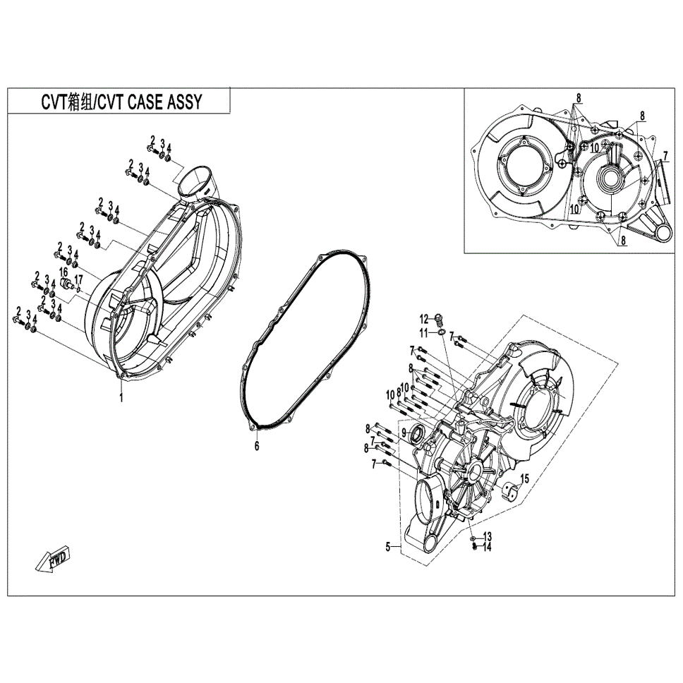An Image of a Genuine CFMOTO Parts Schematic Diagram showing the schematic - CVT CASE ASSY. - 2022 CFMOTO ZFORCE 950 HO EX