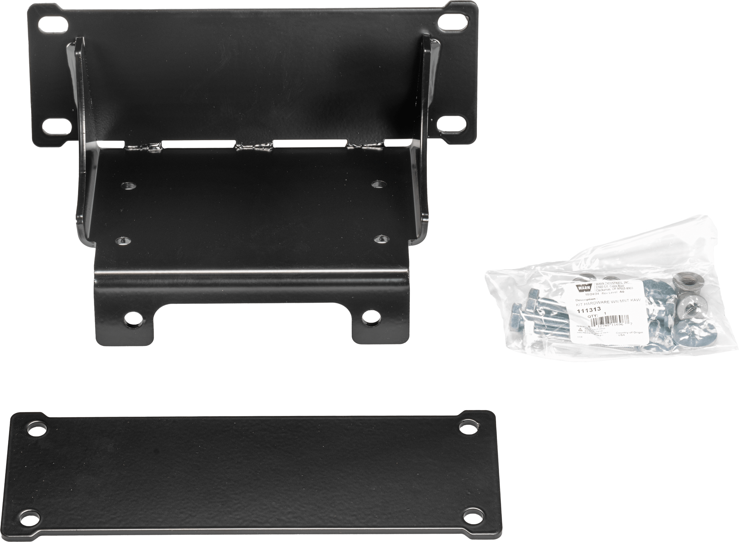 The Kawasaki Ridge (2024) Winch Mounting Kit by Warn features a metal hinged bracket, flat metal plate, and a bag of screws—perfect for ATV winch installation. All parts are shown on a white background, built for durability and corrosion resistance.