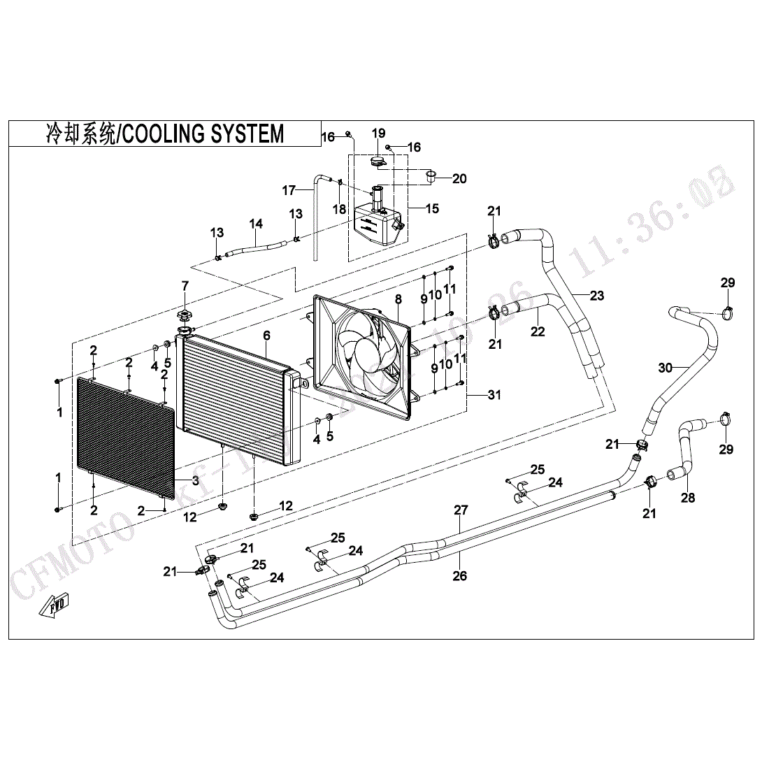 An Image of a Genuine CFMOTO Parts Schematic Diagram showing the schematic - COOLING SYSTEM - 2025 CFMOTO UFORCE 1000 XL