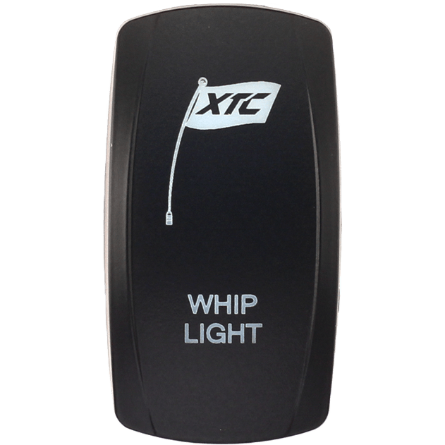 A black Dash Switch Rocker Face Whip Lights by XTC Power features a white flag icon, labeled XTC, with WHIP LIGHT printed below.