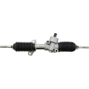 The Moose Offroad Steering Rack features a silver metallic housing, black rubber boots, and durable tie-rod ends on both sides for reliable performance.