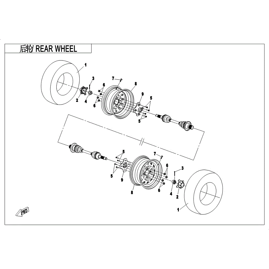 An Image of a genuine CFMOTO Parts Schematic Diagram showing the group - REAR WHEEL - 2019 CFMOTO CFORCE 400