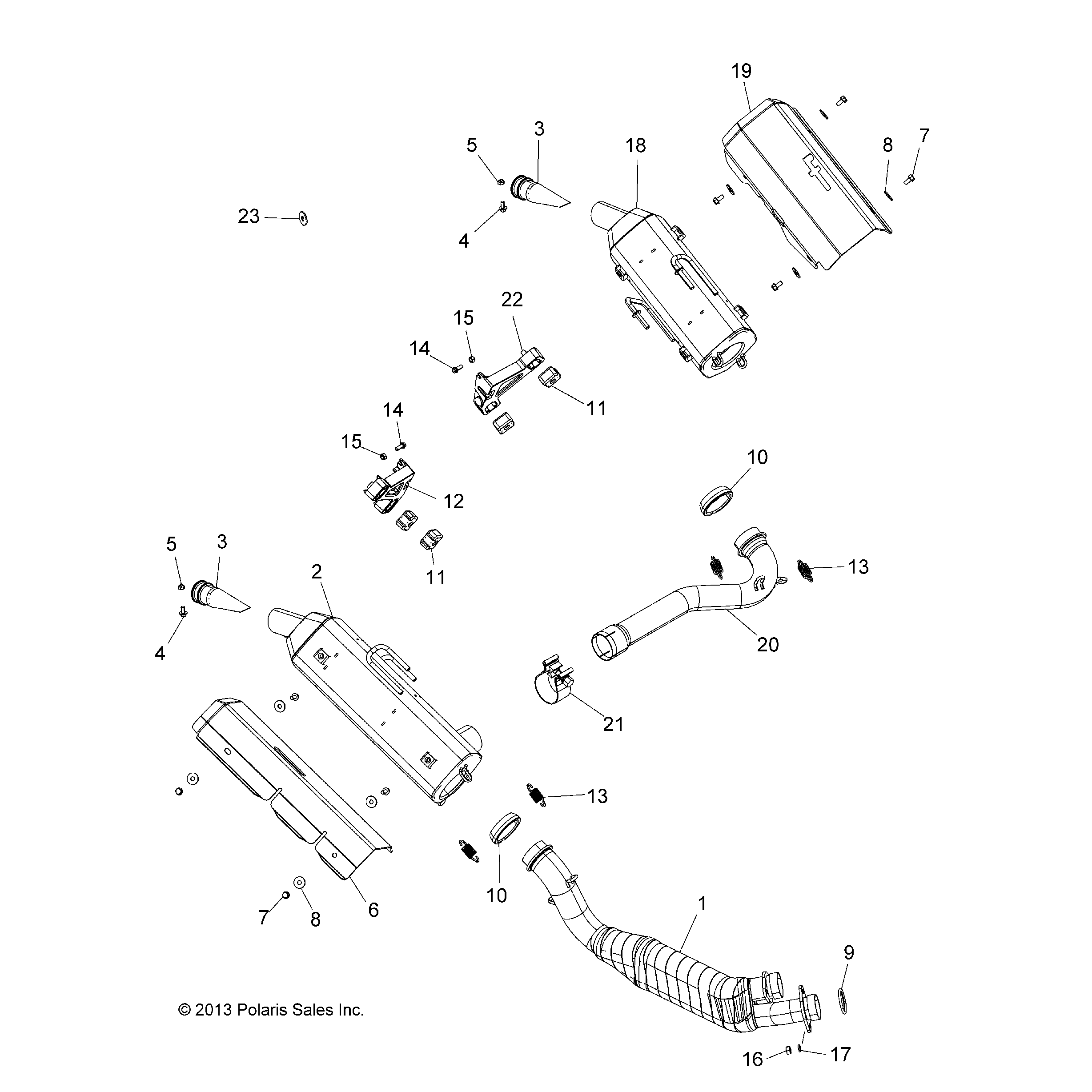 An Image of a Genuine Polaris Parts Schematic Diagram showing the schematic - ENGINE: EXHAUST - 2015 POLARIS SCRAMBLER XP 1000