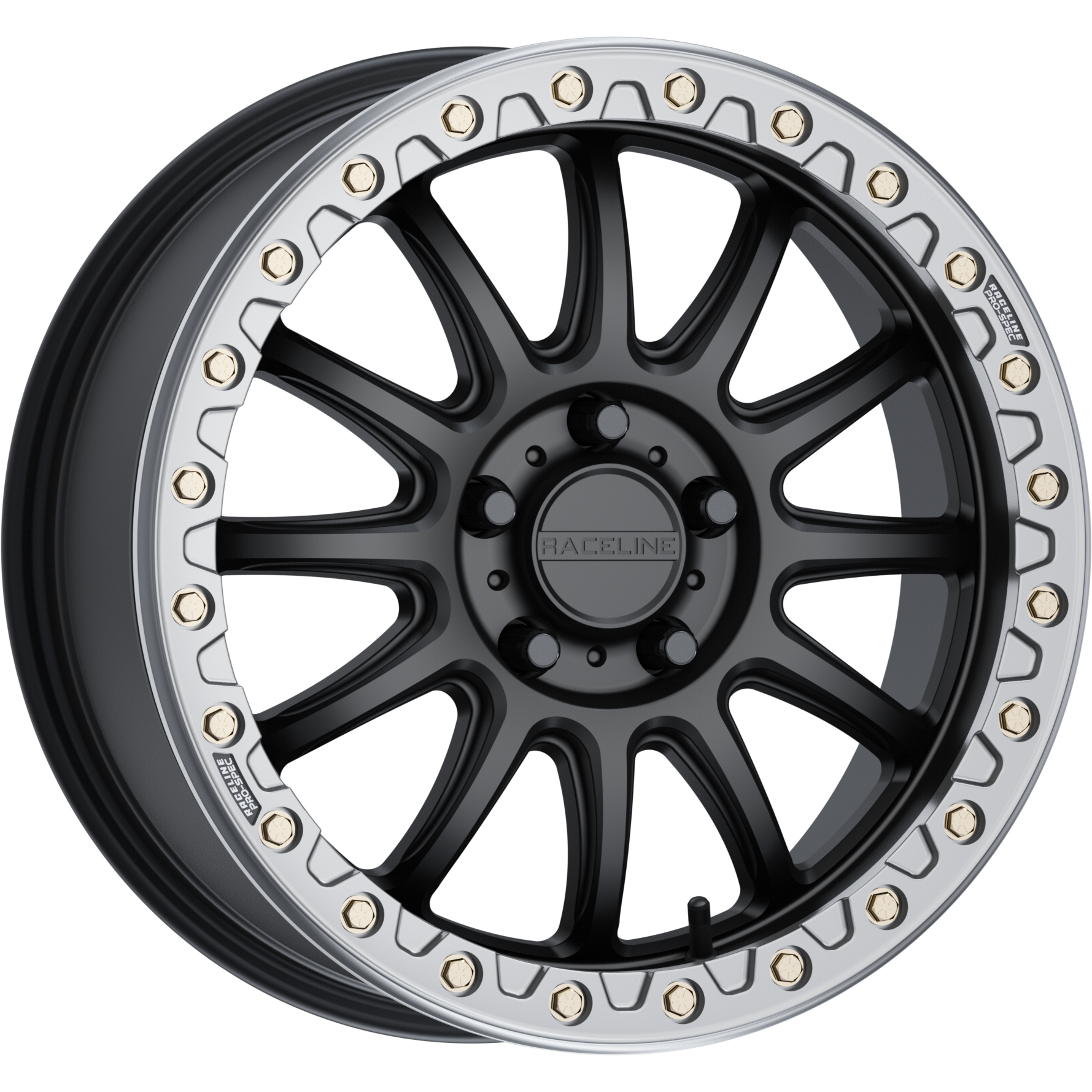 The Raceline ATV / UTV Alpha Beadlock 17x7 5/4.5 (+40mm) in black/gunmetal features a multi-spoke design and metallic bolts around the rim, shown at an angle on a white background.