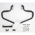 Two Highway Bars Black by Lindby Bars, made from high-strength steel with a gloss black finish, are symmetrically placed on a white background alongside assorted bolts, washers, and mounting hardware.