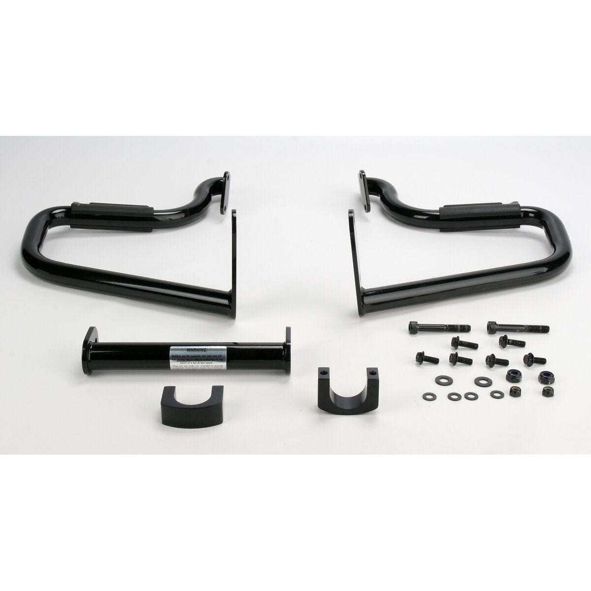 Two gloss black metal brackets, a cylindrical bar, two semi-circular clamps, and hardware are neatly arranged on a white surface—components of the Highway Bars Black by Lindby Bars automotive mounting kit.