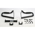 Two gloss black metal brackets, a cylindrical bar, two semi-circular clamps, and hardware are neatly arranged on a white surface—components of the Highway Bars Black by Lindby Bars automotive mounting kit.